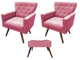 Kit 2 Poltronas Decorativa Aurora + 1 Puff Retangular Suede Rosa Pés Madeira Ms Decor
