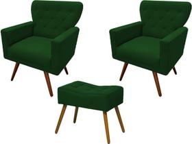 Kit 2 Poltronas Decorativa Aurora + 1 Puff Retangular Suede Verde Pés Madeira Ms Decor