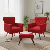Kit 2 Poltronas Decorativa Aurora + 1 Puff Retangular Suede Vermelho Pés Madeira Ms Decor Kit 2 Poltronas Decorativa Aurora + 1 Puff Retangular Suede Vermelho Pés Madeira Ms Decor