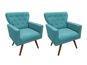 Kit 2 Poltronas Decorativa Aurora Suede Azul Turquesa Pés Madeira Ms Decor