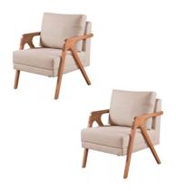 Kit 2 Poltronas Decorativa Base em Madeira Mona Linho Bege - Kimi Décor