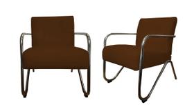 Kit 2 Poltronas Decorativa Bela Couro Marrom Braço Cromado Ms Decor