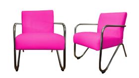 Kit 2 Poltronas Decorativa Bela Couro Rosa Pink Braço Cromado Ms Decor