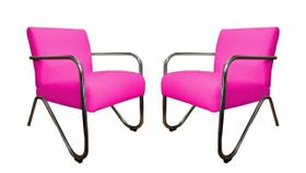 Kit 2 Poltronas Decorativa Bela Couro Rosa Pink Braço Cromado Mz Decor