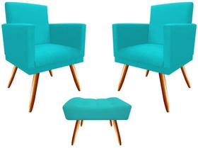 Kit 2 Poltronas Decorativa Bia + Puff Retangular Suede Azul Turquesa Pés Madeira Mz Decor