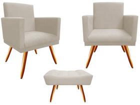 Kit 2 Poltronas Decorativa Bia + Puff Retangular Suede Bege Pés Madeira Ms Decor