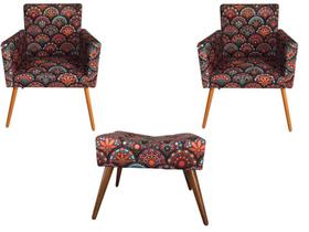 Kit 2 Poltronas Decorativa Bia + Puff Retangular Suede Mandala Pés Madeira Mz Decor