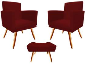 Kit 2 Poltronas Decorativa Bia + Puff Retangular Suede Marsala Pés Madeira Mz Decor