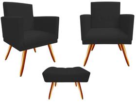Kit 2 Poltronas Decorativa Bia + Puff Retangular Suede Preto Pés Madeira Ms Decor