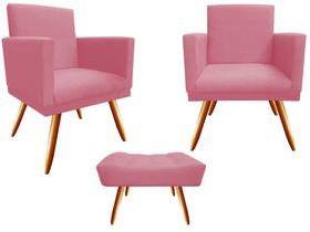 Kit 2 Poltronas Decorativa Bia + Puff Retangular Suede Rosa Pés Madeira Ms Decor