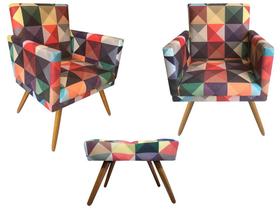 Kit 2 Poltronas Decorativa Bia + Puff Retangular Suede Triângulo Pés Madeira Ms Decor