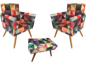 Kit 2 Poltronas Decorativa Bia + Puff Retangular Suede Triângulo Pés Madeira Mz Decor
