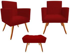 Kit 2 Poltronas Decorativa Bia + Puff Retangular Suede Vermelho Pés Madeira Ms Decor