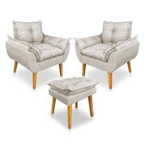 Kit 2 Poltronas Decorativa e Puff Opala Luxo Linho Bege Dal Poz Estofados Kit 2 Poltronas Decorativa e Puff Opala Luxo Linho Bege Dal Poz Estofados