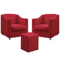 Kit 2 Poltronas Decorativa Estofada Para Sala De Estar Alya E Puff Izar Sued Vermelho Aradecor