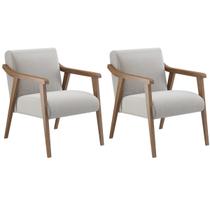 Kit 2 Poltronas Decorativa Flavia tecido linho cru madeira maciça cor Nogueira