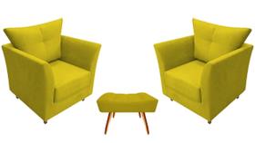 Kit 2 Poltronas Decorativa Isis + Puff Retangular Couro Amarelo Pés Madeira Mz Decor