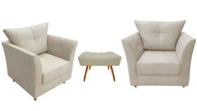 Kit 2 Poltronas Decorativa Isis + Puff Retangular Couro Bege Pés Madeira Ms Decor