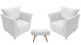 Kit 2 Poltronas Decorativa Isis + Puff Retangular Couro Branco Pés Madeira Mz Decor