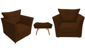Kit 2 Poltronas Decorativa Isis + Puff Retangular Couro Marrom Pés Madeira Ms Decor