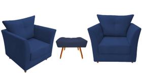 Kit 2 Poltronas Decorativa Isis + Puff Retangular Suede Azul Marinho Pés Madeira Ms Decor