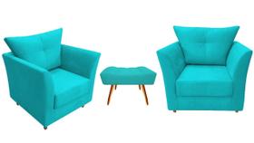 Kit 2 Poltronas Decorativa Isis + Puff Retangular Suede Azul Turquesa Pés Madeira Ms Decor
