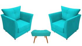 Kit 2 Poltronas Decorativa Isis + Puff Retangular Suede Azul Turquesa Pés Madeira Mz Decor