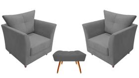 Kit 2 Poltronas Decorativa Isis + Puff Retangular Suede Cinza Pés Madeira Mz Decor