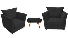 Kit 2 Poltronas Decorativa Isis + Puff Retangular Suede Preto Pés Madeira Ms Decor