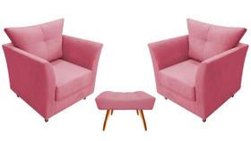 Kit 2 Poltronas Decorativa Isis + Puff Retangular Suede Rosa Pés Madeira Mz Decor