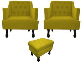 Kit 2 Poltronas Decorativa Julia + Puff Luis Xv Couro Amarelo Pés Madeira Mz Decor