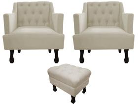 Kit 2 Poltronas Decorativa Julia + Puff Luis Xv Couro Bege Pés Madeira Ms Decor
