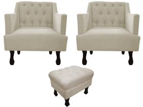 Kit 2 Poltronas Decorativa Julia + Puff Luis Xv Couro Bege Pés Madeira Mz Decor