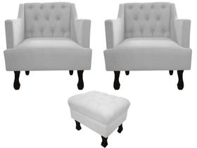 Kit 2 Poltronas Decorativa Julia + Puff Luis Xv Couro Branco Pés Madeira Ms Decor