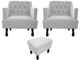 Kit 2 Poltronas Decorativa Julia + Puff Luis Xv Couro Branco Pés Madeira Mz Decor