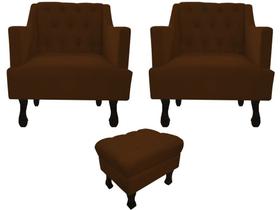 Kit 2 Poltronas Decorativa Julia + Puff Luis Xv Couro Marrom Pés Madeira Mz Decor Kit 2 Poltronas Decorativa Julia + Puff Luis Xv Couro Marrom Pés Madeira Mz Decor