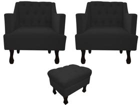 Kit 2 Poltronas Decorativa Julia + Puff Luis Xv Couro Preto Pés Madeira Mz Decor