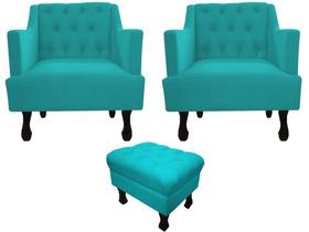 Kit 2 Poltronas Decorativa Julia + Puff Luis Xv Suede Azul Turquesa Pés Madeira Ms Decor