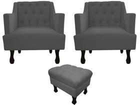 Kit 2 Poltronas Decorativa Julia + Puff Luis Xv Suede Cinza Pés Madeira Ms Decor