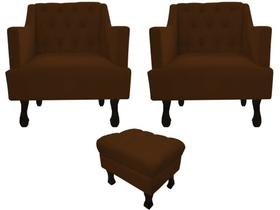 Kit 2 Poltronas Decorativa Julia + Puff Luis Xv Suede Marrom Pés Madeira Ms Decor