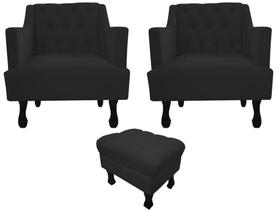 Kit 2 Poltronas Decorativa Julia + Puff Luis Xv Suede Preto Pés Madeira Ms Decor