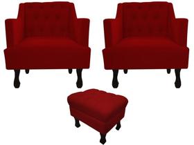 Kit 2 Poltronas Decorativa Julia + Puff Luis Xv Suede Vermelho Pés Madeira Ms Decor