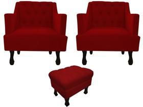 Kit 2 Poltronas Decorativa Julia + Puff Luis Xv Suede Vermelho Pés Madeira Mz Decor Kit 2 Poltronas Decorativa Julia + Puff Luis Xv Suede Vermelho Pés Madeira Mz Decor