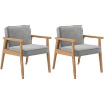 Kit 2 Poltronas Decorativa Julia tecido linho cinza madeira maciça natural