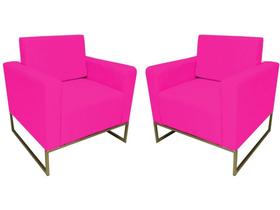 Kit 2 Poltronas Decorativa Leticia Slim Couro Rosa Pink Base Metálica Mz Decor