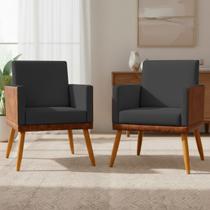 Kit 2 Poltronas Decorativa Lis Para Sala Quarto Recepção Escritório Consultório Linho e Material Sintético Assento Confortável Pé Palito Castanho