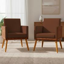 Kit 2 Poltronas Decorativa Lis Para Sala Quarto Recepção Escritório Consultório Linho e Material Sintético Assento Confortável Pé Palito Castanho