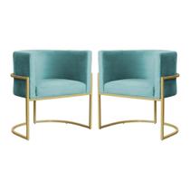 Kit 2 Poltronas Decorativa Luana Veludo Azul Tifany Base Dourada Mz Decor
