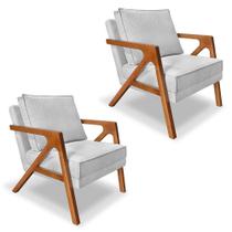Kit 2 Poltronas Decorativa Luiza Linho Bouclê Cinza Base em Madeira Castanho - Pallazio