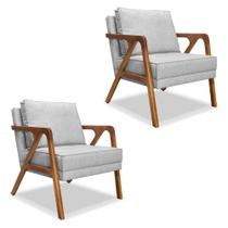 Kit 2 Poltronas Decorativa Luiza Linho Cinza Base em Madeira Castanho - Pallazio